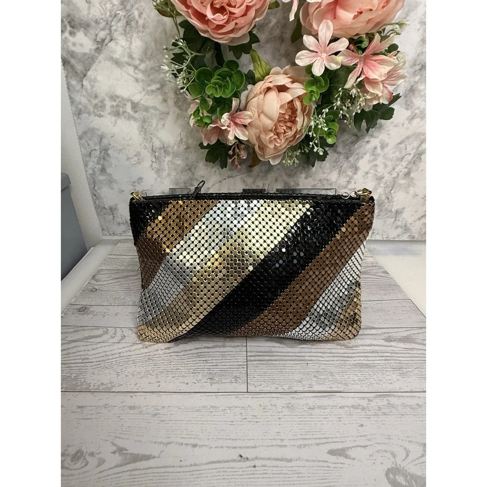 Vintage 70 80s Gold Black Bronze Silver Mesh Stripe Purse Bag Clutch Cross Body